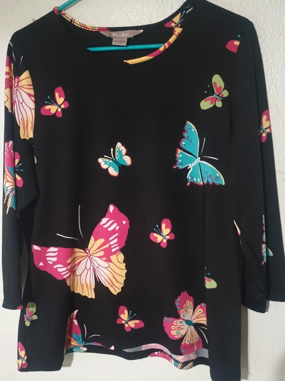 TanJay Black Long-Sleeve Top with Colorful Butterfly Print L/G